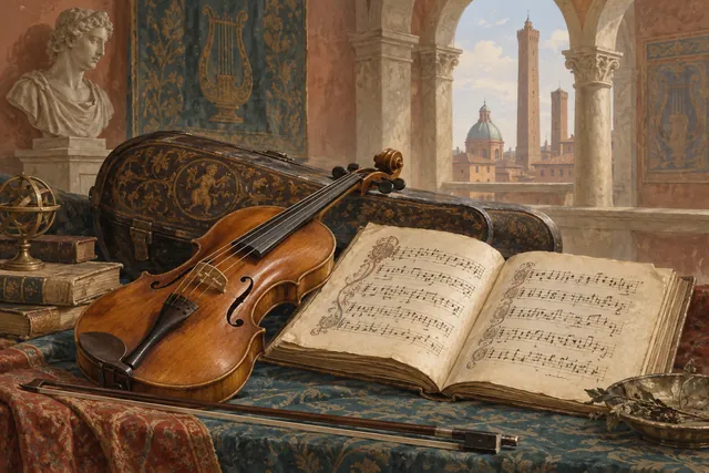 Editorial illustration of a violin, an old music book and an ornamented case in an imagined Bologna palazzo setting.