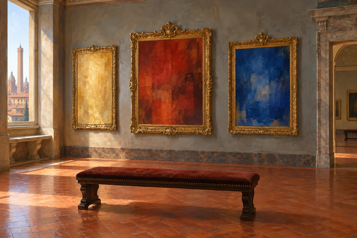 Painterly illustration of a quiet imagined gallery with a bench and gilded frames containing gold, red and blue abstract color studies.
