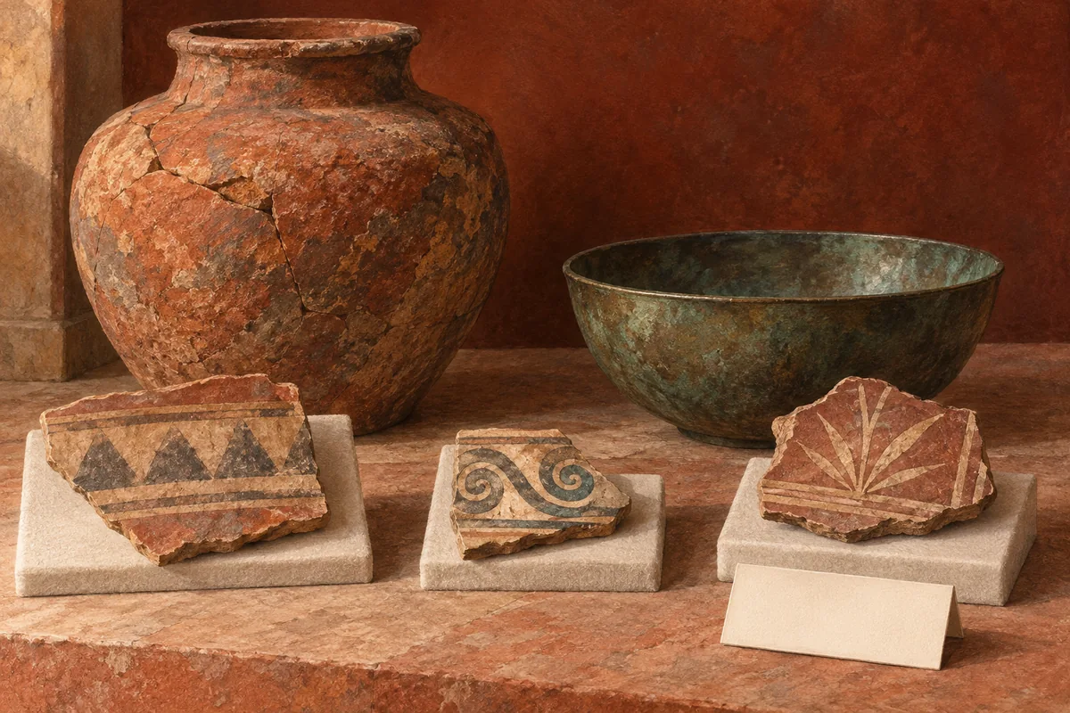 Editorial illustration of a weathered pottery jar, bronze bowl and patterned ceramic fragments on pale museum supports.