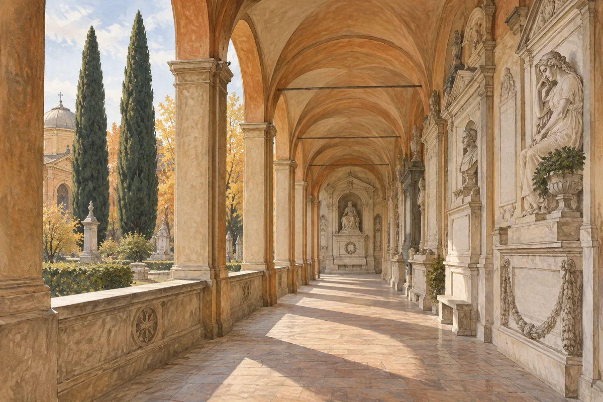 Editorial illustration of quiet ocher cemetery arcades, pale memorial sculptures and cypress trees in soft daylight.