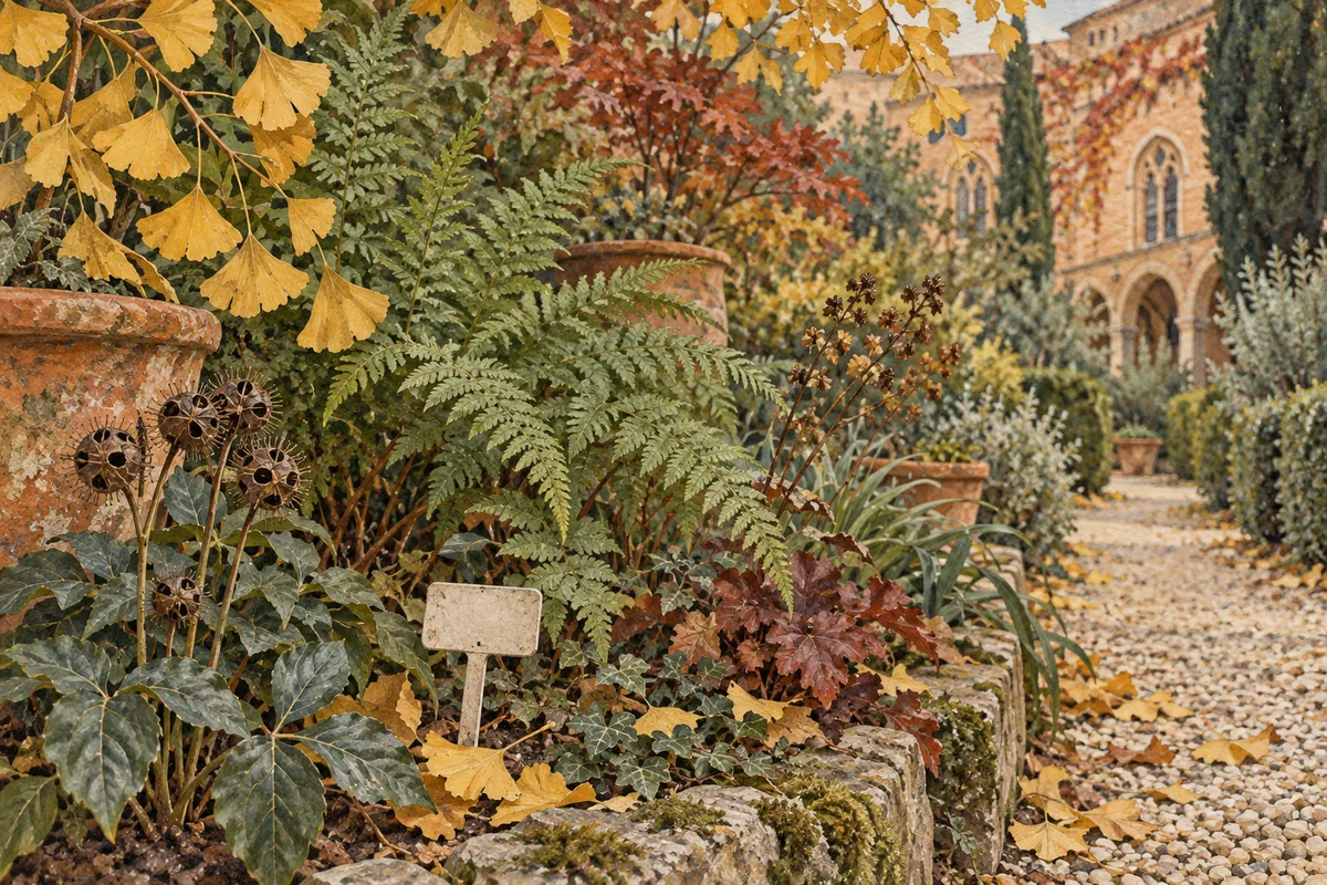 Editorial illustration of autumn leaves, ferns, seed heads and terracotta pots beside a path in an imagined botanical garden.