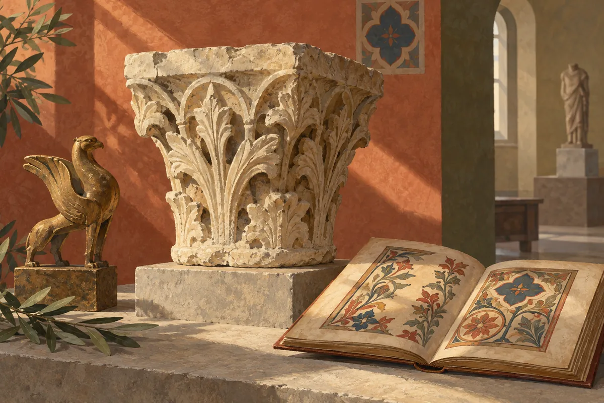 Editorial illustration of a carved stone capital, bronze creature and decorated manuscript in an imagined museum setting.