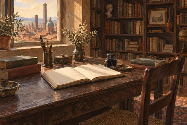 Editorial illustration of an imagined nineteenth-century writer’s desk with an open notebook, ink bottle, bookshelves and warm light over a Bologna-inspired roofscape.