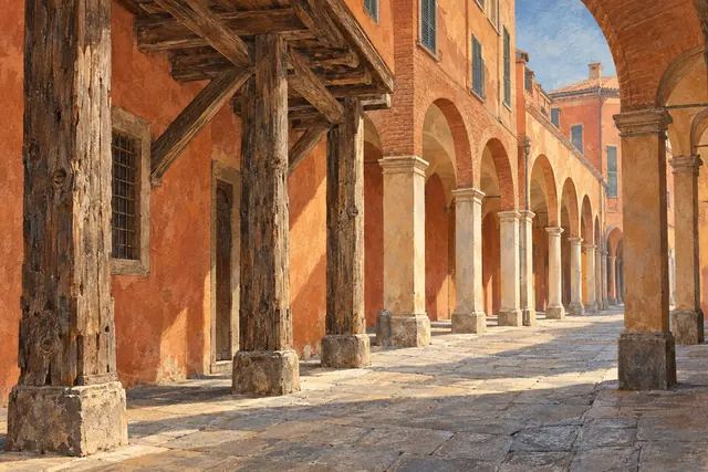 Editorial illustration of an imagined Bologna street where tall timber posts and brackets give way to warm brick arches and masonry columns.