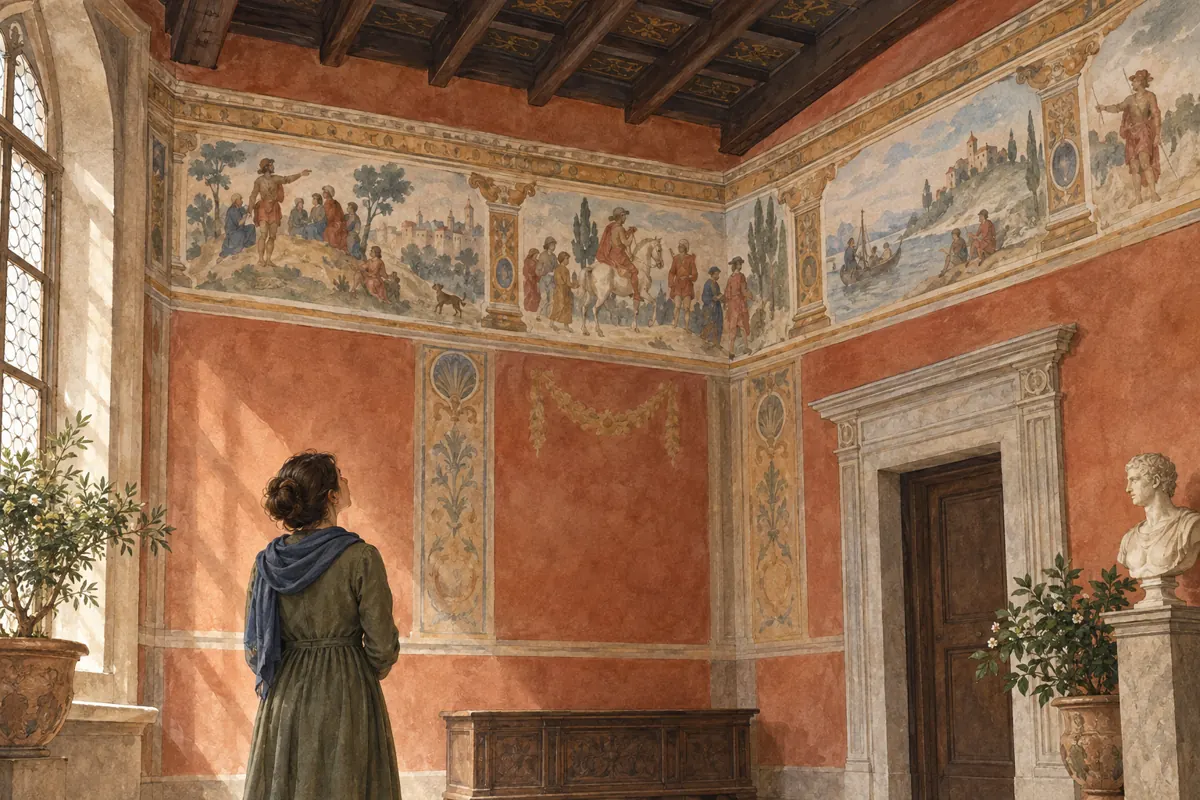 Editorial illustration of an imagined Renaissance room with narrative scenes high on the walls and a visitor looking upward; not a reproduction of Palazzo Fava.