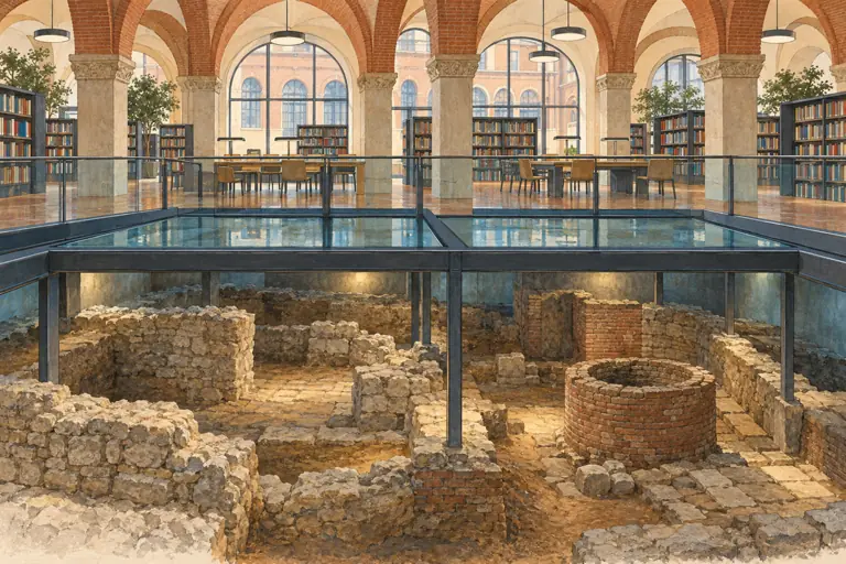 Conceptual editorial cutaway of a civic library above glass viewing panels and archaeological remains; an imagined arrangement rather than a measured Salaborsa reconstruction.