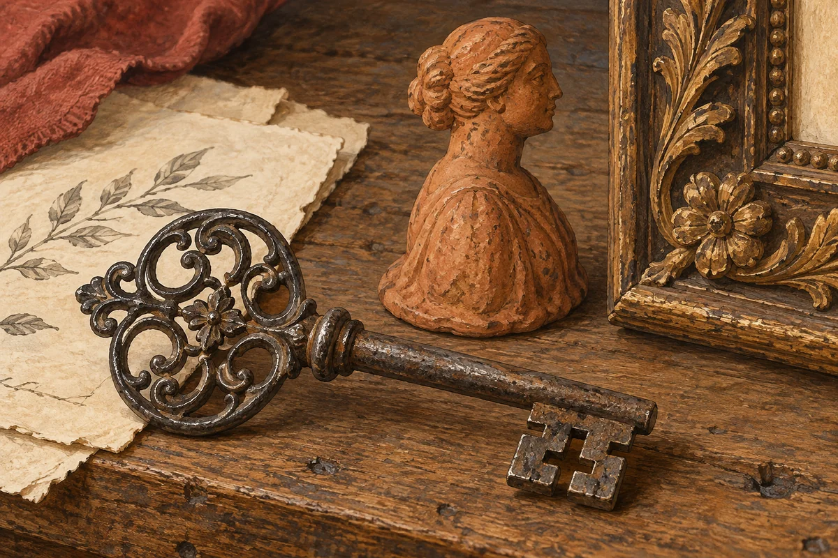 Editorial still life of an ornamental iron key, a terracotta bust and a carved frame corner, inspired by decorative-arts collections.