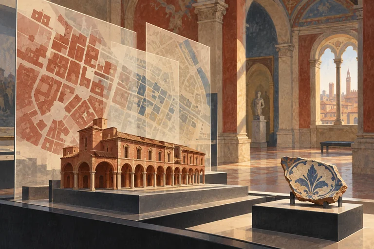 Editorial illustration of layered city maps, an architectural model and a ceramic fragment in an imagined Bologna museum interior.