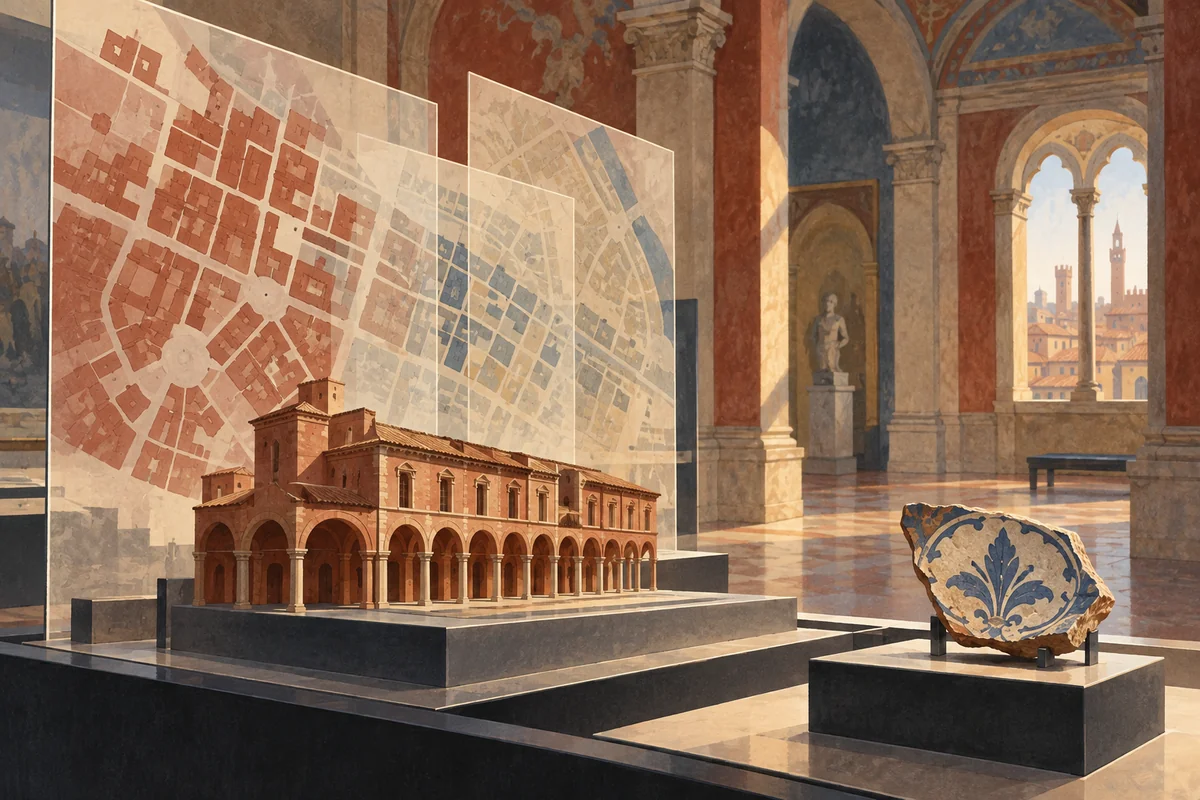 Editorial illustration of layered city maps, an architectural model and a ceramic fragment in an imagined Bologna museum interior.