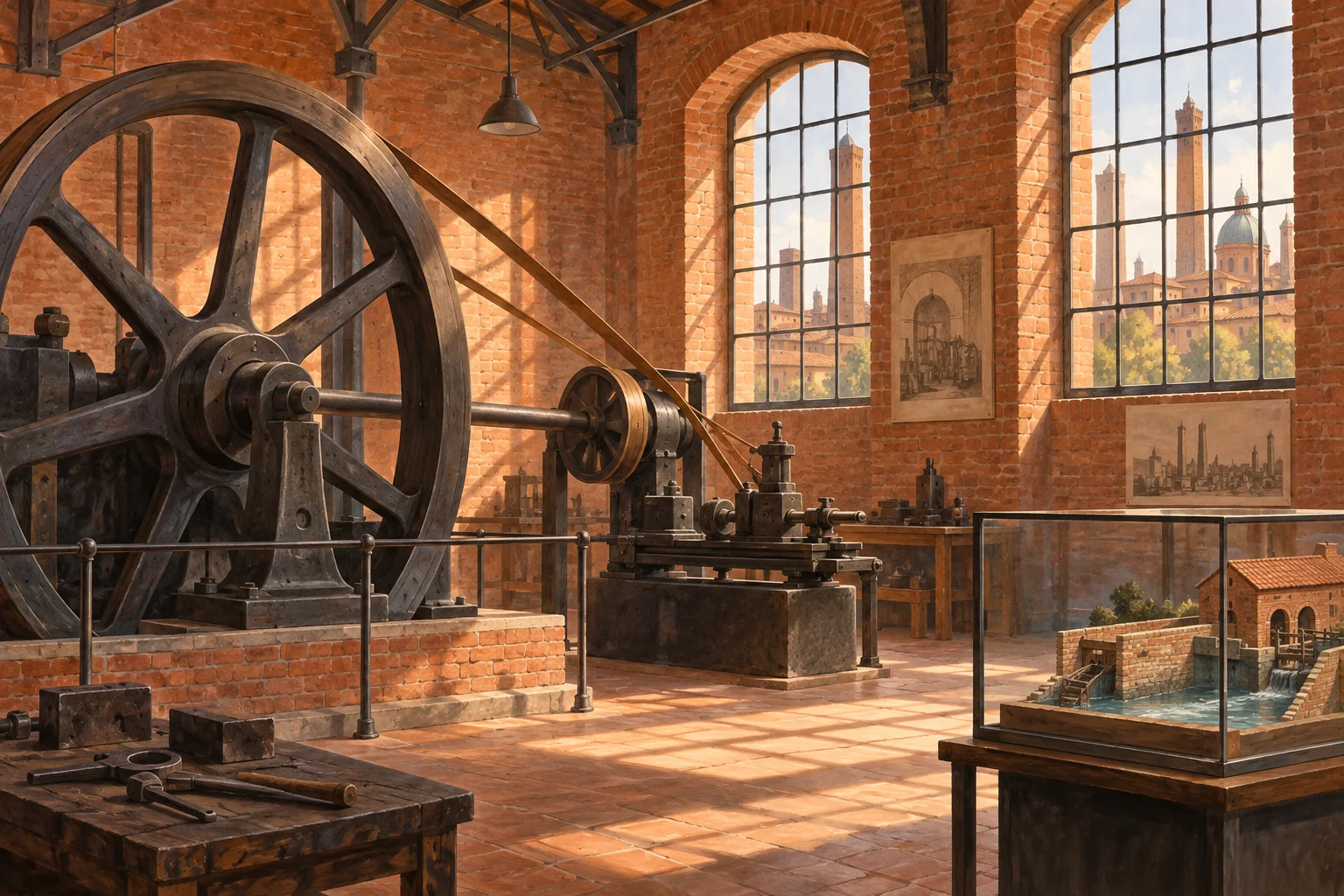 Conceptual editorial illustration of a stationary flywheel and belt-driven machine in an imagined red-brick museum workshop, beside a small water-channel model.