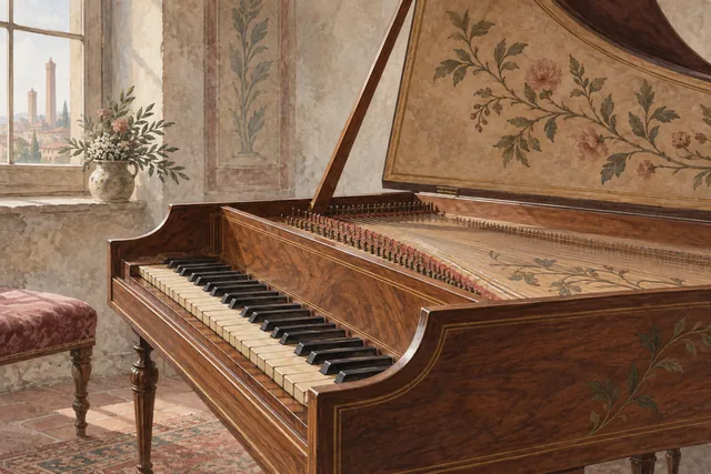 Editorial illustration of an imagined wooden harpsichord with open lid, fine strings and dark-and-ivory keys in a softly lit historic room.