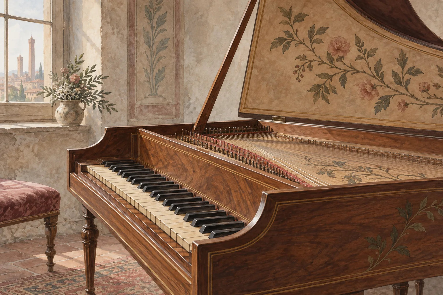 Editorial illustration of an imagined wooden harpsichord with open lid, fine strings and dark-and-ivory keys in a softly lit historic room.