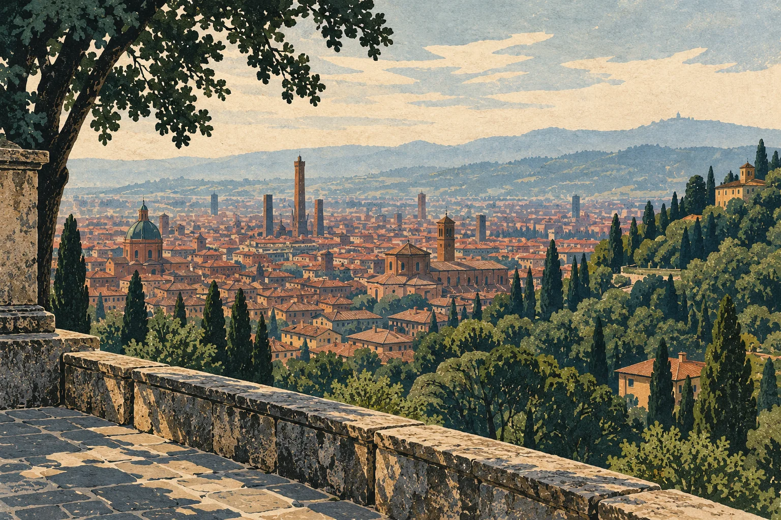 Editorial illustration of an imagined stone terrace overlooking terracotta roofs and towers, framed by a leafy hillside and hazy blue distance.