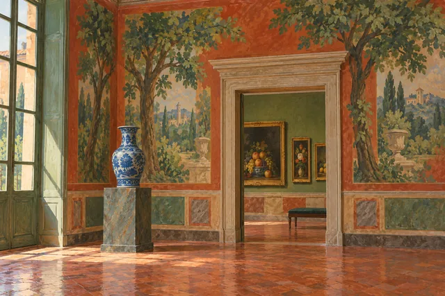 Editorial illustration of an imagined gallery room with painted trees, a blue porcelain vase and a doorway framing still-life paintings.