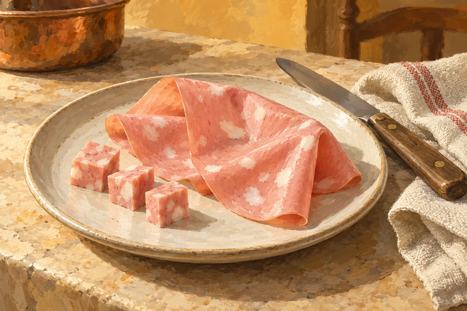 Editorial gouache still life of a folded pink mortadella slice and small cubes on a ceramic plate beside a knife and linen napkin.