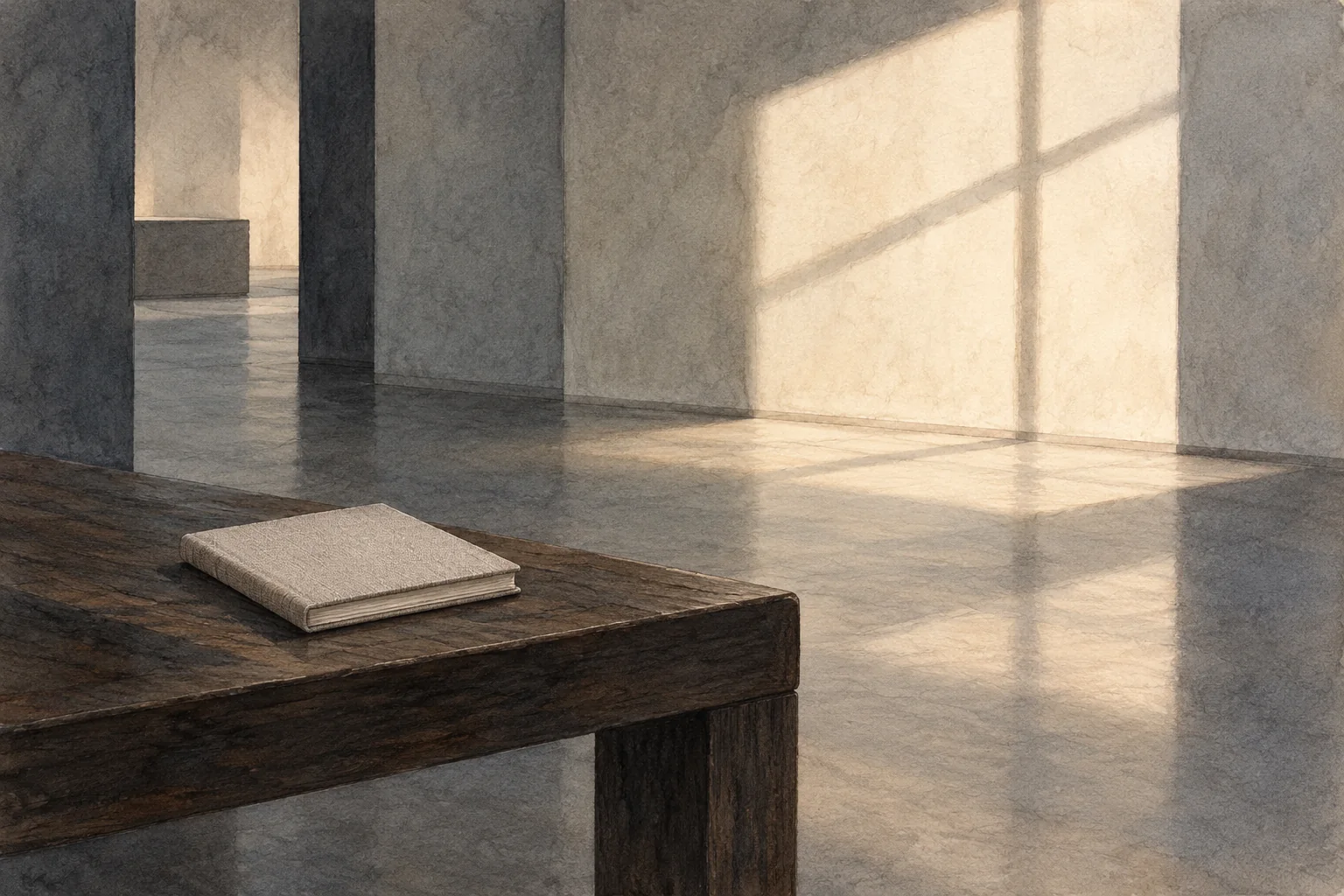 Symbolic editorial illustration of a closed linen notebook on a wooden bench in soft window light; it does not depict the Ustica museum installation.
