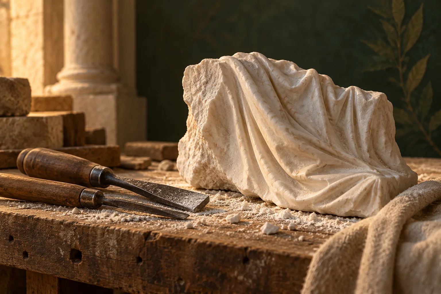 Interpretive editorial illustration of a carved marble drapery fragment and hand chisels on a sculptor’s workbench, symbolizing generations of artistic work.