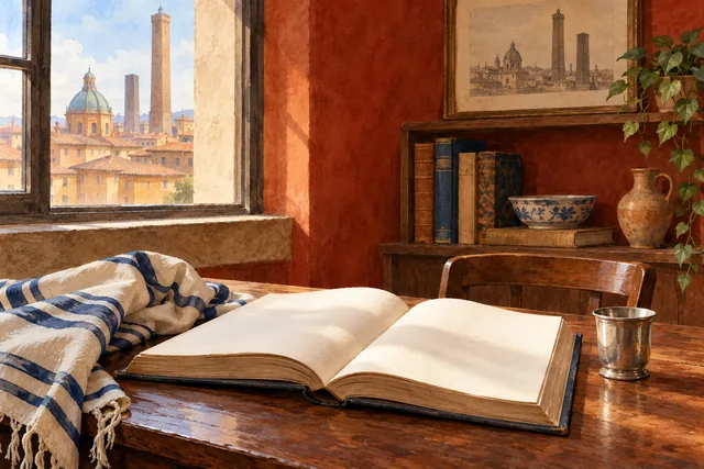 Conceptual editorial watercolor of an open unlettered book, folded blue-and-cream cloth and a plain silver cup in an imagined Bologna study.