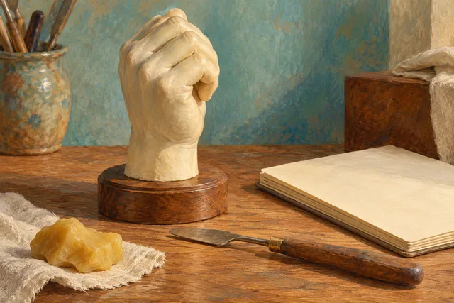 Non-graphic editorial illustration of an invented wax hand model, blank notebook and modelling tools, not an actual collection specimen.