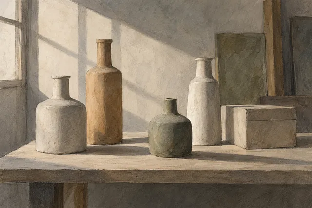 Original editorial illustration of plain bottles and a box in soft studio light, not a Morandi painting or his actual studio.