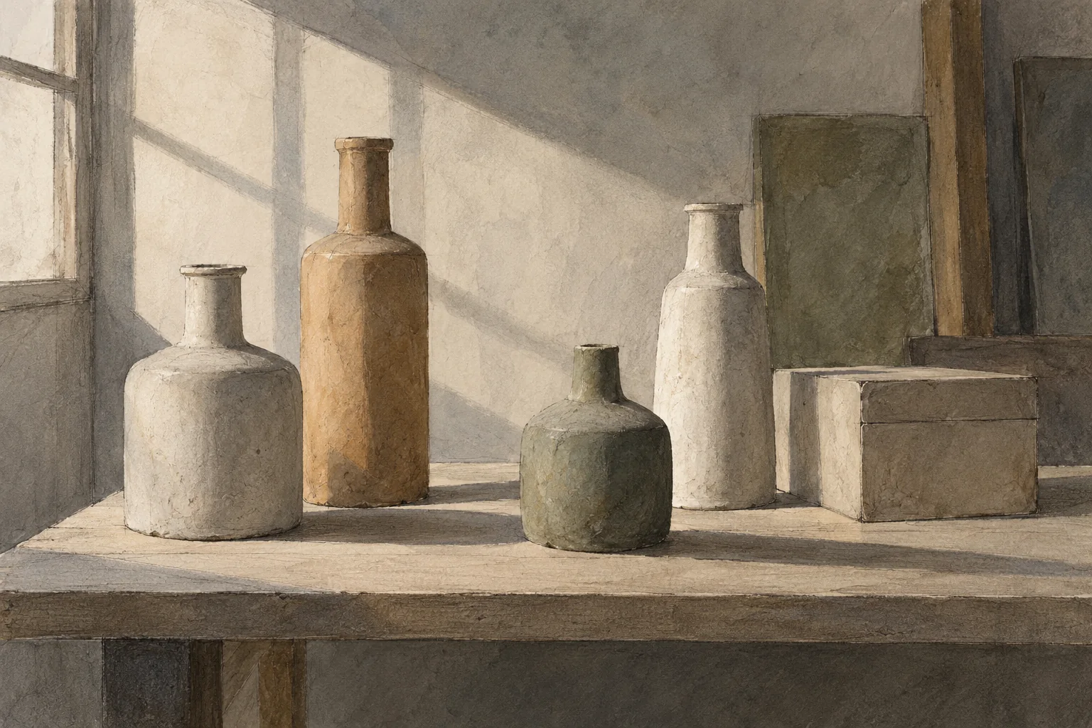 Original editorial illustration of plain bottles and a box in soft studio light, not a Morandi painting or his actual studio.