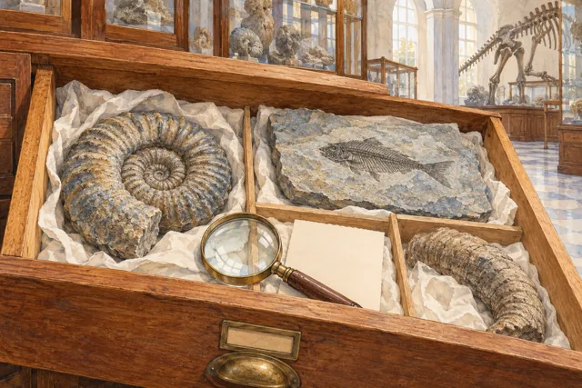 Editorial watercolor illustration of imagined fossil specimens in a wooden drawer with a magnifying glass, not actual Capellini collection objects or a scientific reconstruction.