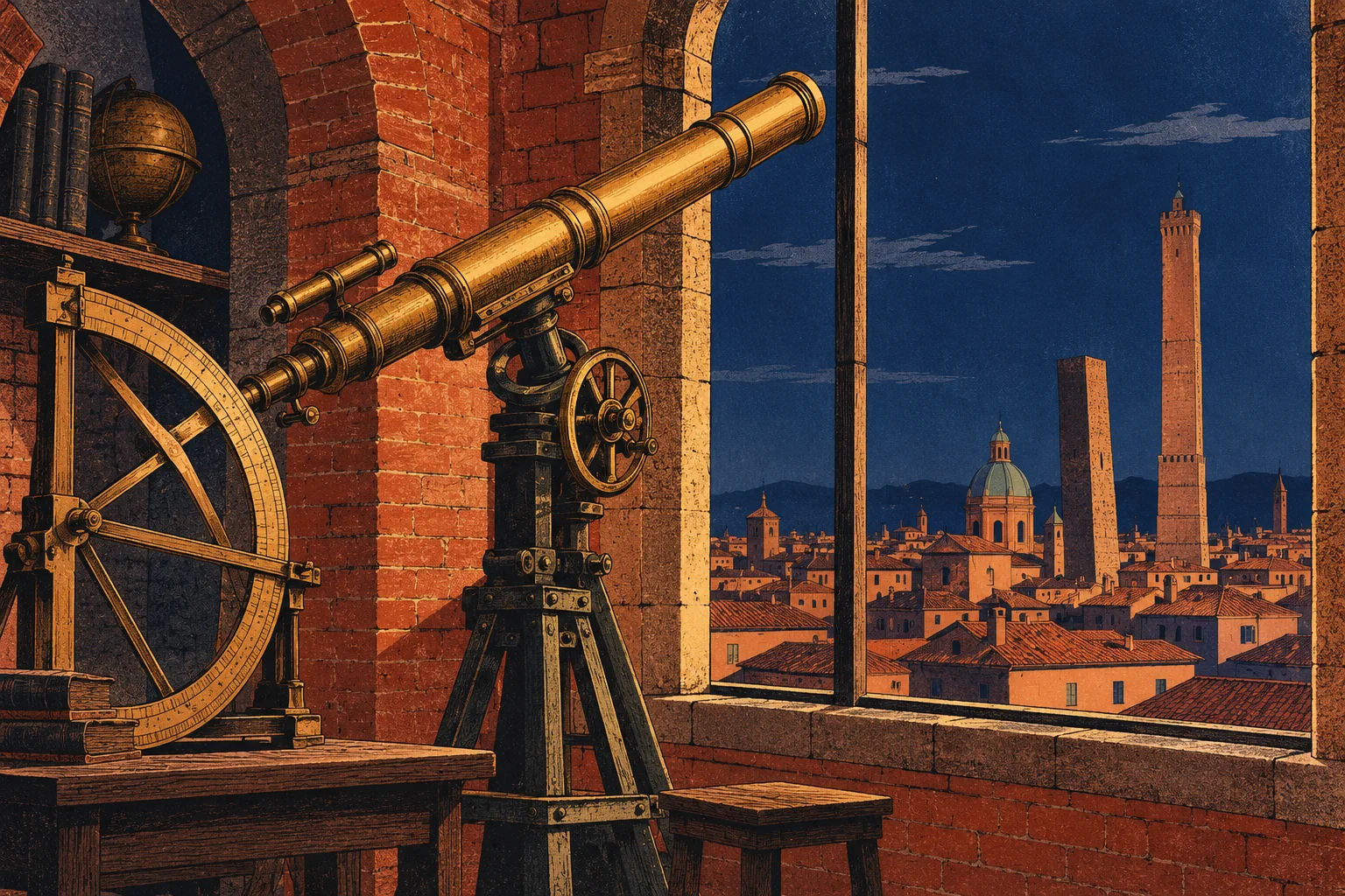 Editorial screenprint-style illustration of imagined astronomical instruments beside a Bologna tower window, not actual Specola objects, a scientific diagram or a historical reconstruction.