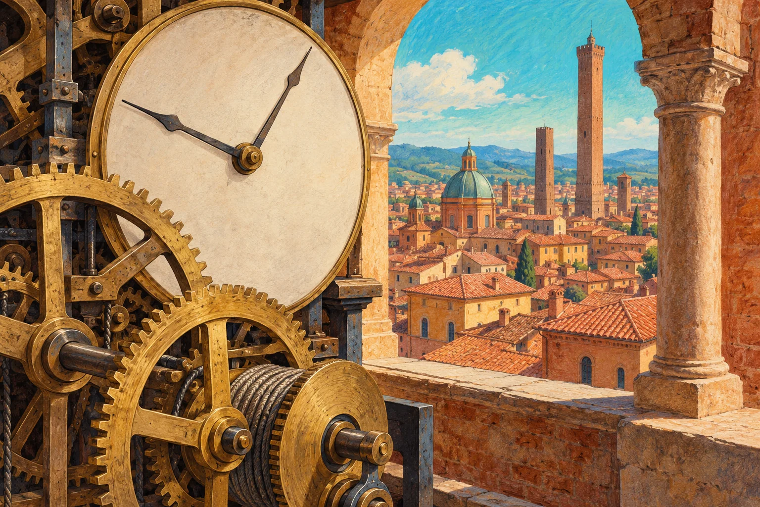 Coloured-pencil and gouache editorial illustration of invented clockwork and Bologna-inspired rooftops; not the actual tower mechanism, measured view or reconstruction.