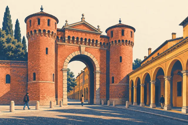Screenprint editorial illustration of an imagined brick gateway with round towers and a portico; not a measured depiction or historical reconstruction of Porta Saragozza.