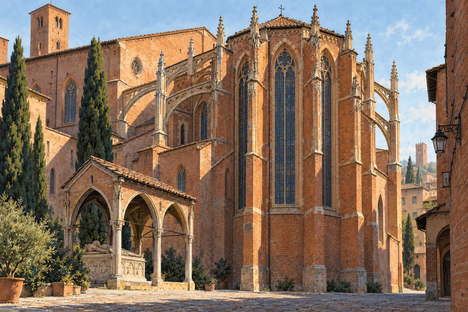 Editorial gouache of an imagined Bologna-inspired brick church apse, flying buttresses and roofed medieval tomb; not an exact historical reconstruction.