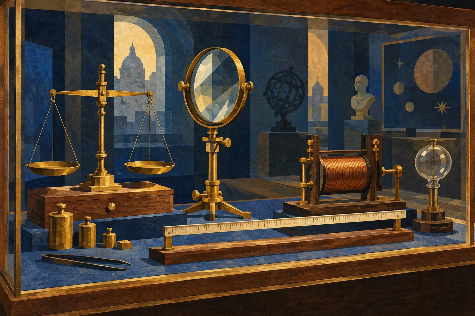 Editorial paper-cut and gouache of an imagined physics display with a brass balance, lens and coil; not a scientific diagram or photograph of actual collection objects.