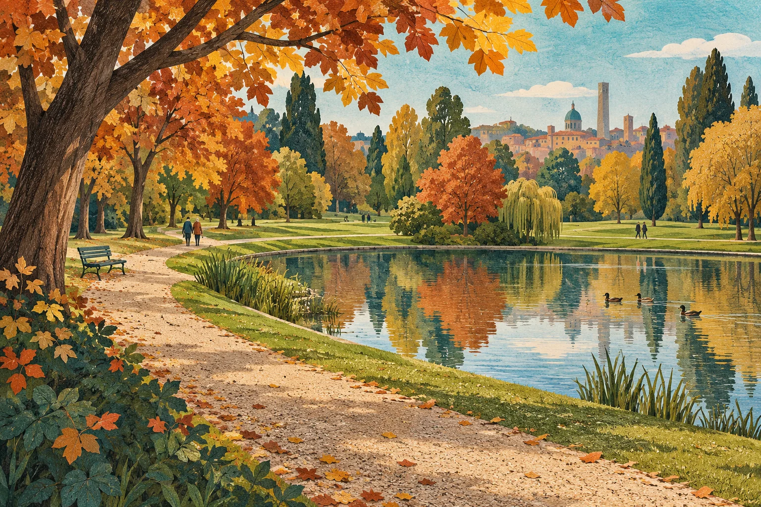 Paper-cut editorial illustration of an imagined autumn park with curving path, pond and distant walkers; not a map or an exact view of Giardini Margherita.