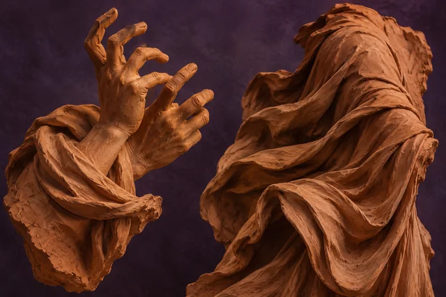 Painterly editorial interpretation of invented terracotta hands and drapery fragments; not Niccolò dell’Arca’s actual sculpture or a museum photograph.