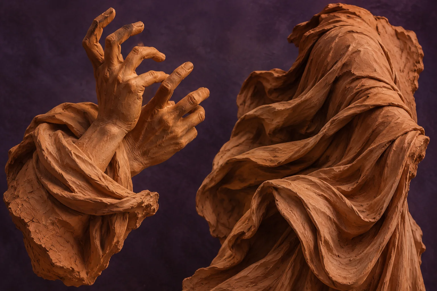 Painterly editorial interpretation of invented terracotta hands and drapery fragments; not Niccolò dell’Arca’s actual sculpture or a museum photograph.