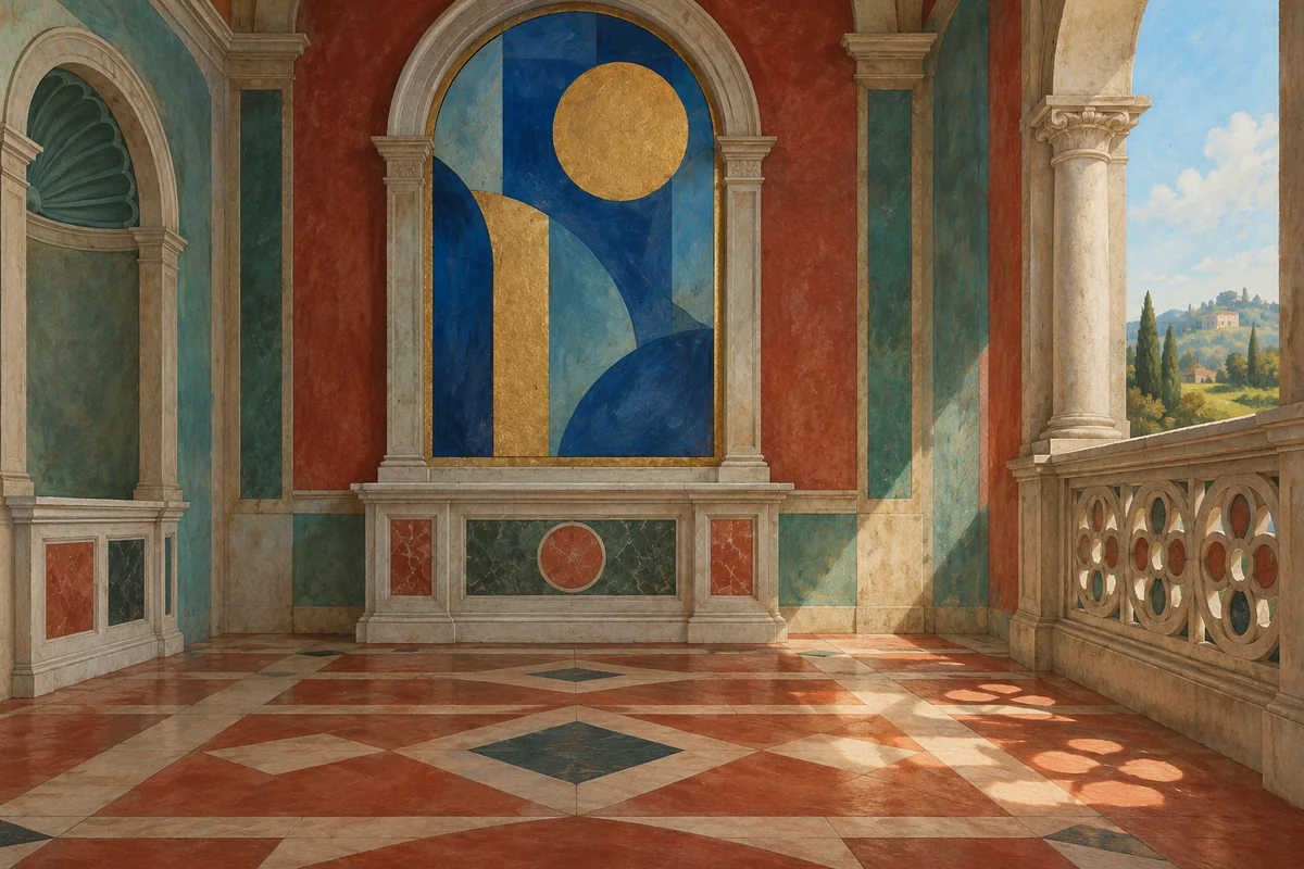 Gouache editorial illustration of an invented Renaissance side chapel with geometric floor and abstract blue panel; not the Bentivoglio Chapel or an actual artwork.