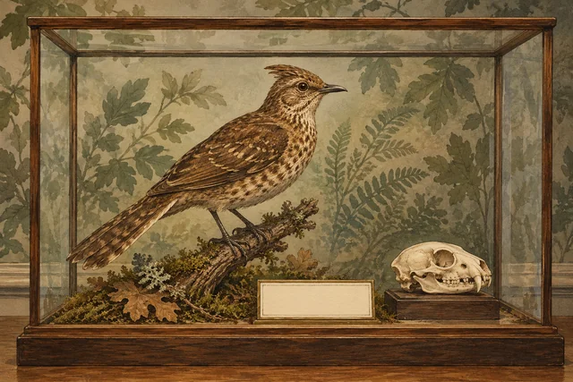 Ink-and-watercolour editorial illustration of an invented mounted bird and animal skull in a glass case; not an actual Bologna specimen or a living habitat.