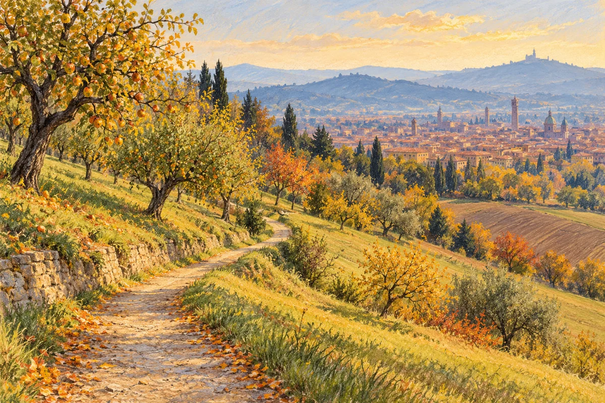 Gouache editorial illustration of an imagined hillside orchard path above a terracotta-roofed city; not a photograph or exact viewpoint from Villa Ghigi.