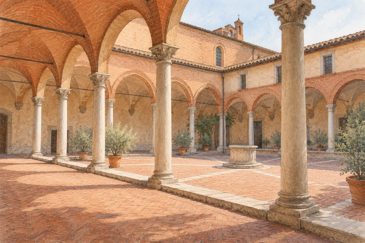 Watercolour editorial illustration of an imagined brick portico courtyard with pale columns; not an exact view of Santa Maria dei Servi.