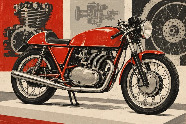 Linocut-style editorial illustration of an imagined unbranded red motorcycle and mechanical shapes; not an actual Ducati model or a factory tour photograph.