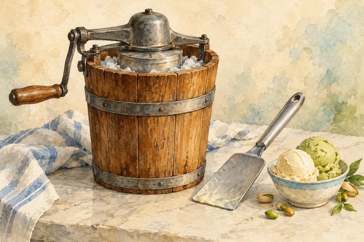 Watercolour editorial illustration of an imagined hand-cranked freezer, spatula and gelato dish; not an actual Carpigiani museum display or a recipe diagram.