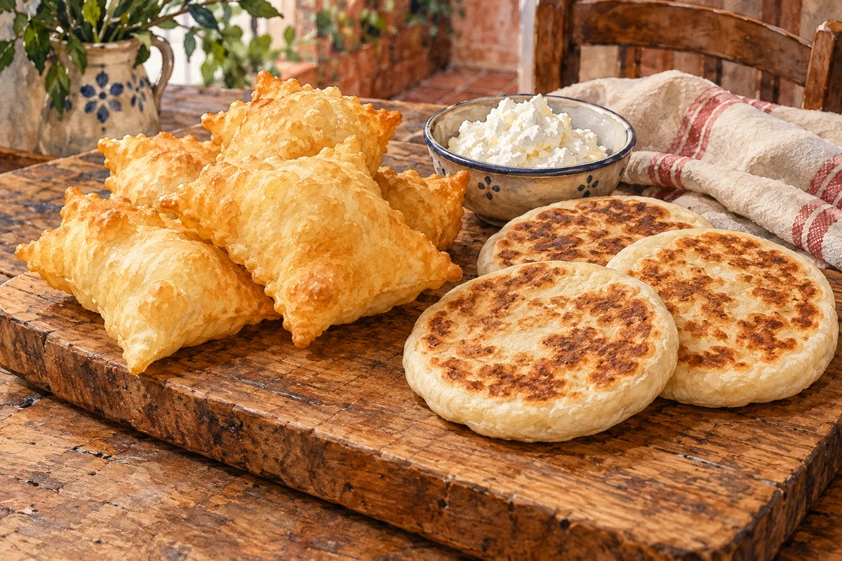 Watercolour editorial illustration of golden fried dough pillows beside round griddled breads and soft cheese; an imagined serving, not a tour photograph.
