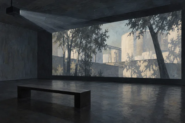 Gouache editorial illustration of an imagined dark gallery, bench and projected industrial and tree-like forms; not an actual MAST room or David Claerbout artwork.