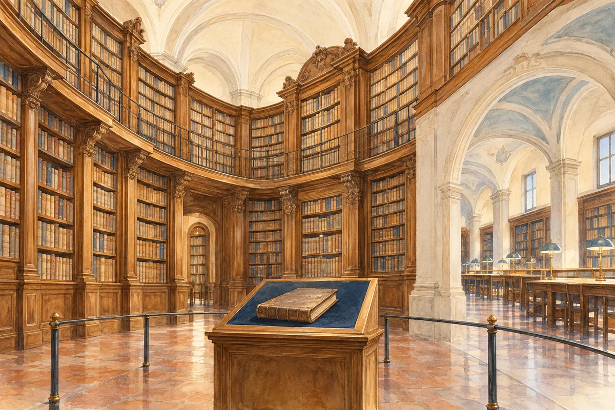 Watercolour editorial illustration of an imagined historic library and a closed book on a display stand; not the actual Biblioteca Universitaria interior or an access map.