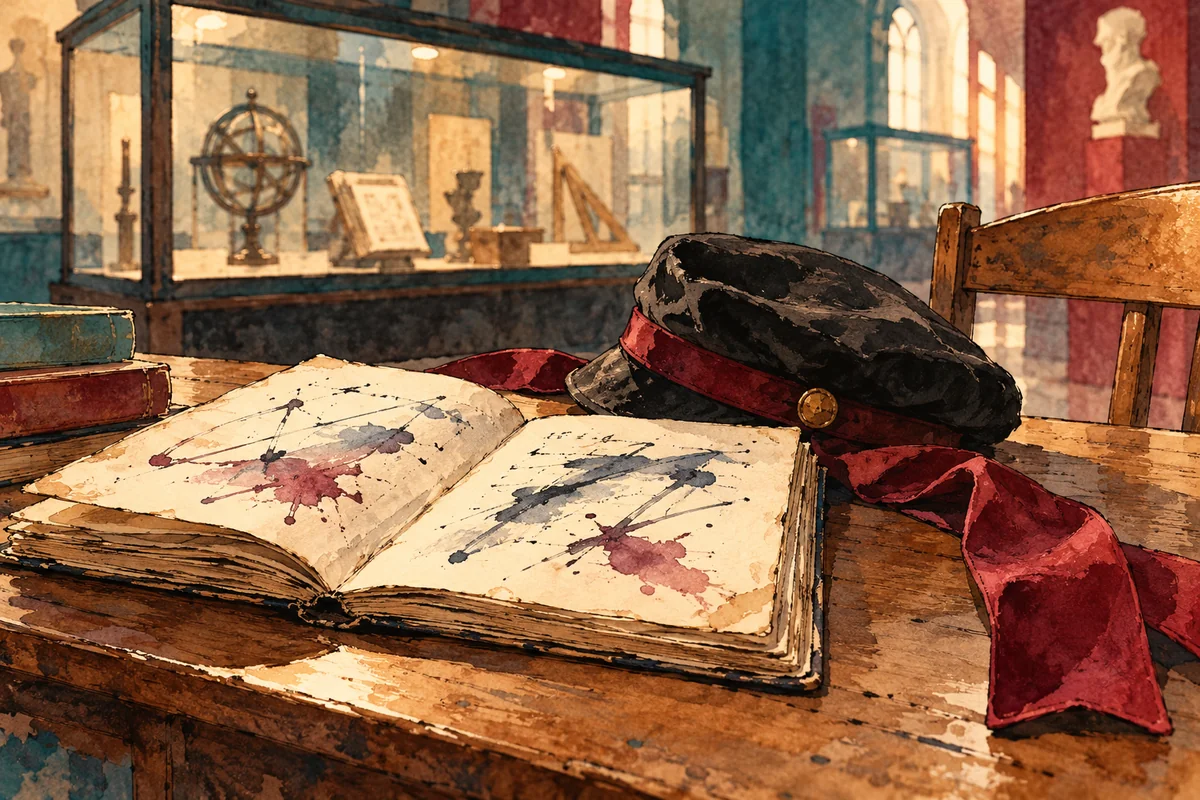 Watercolour editorial illustration of an invented student cap, open notebook and ribbon in a museum setting; not actual MEUS collection objects.