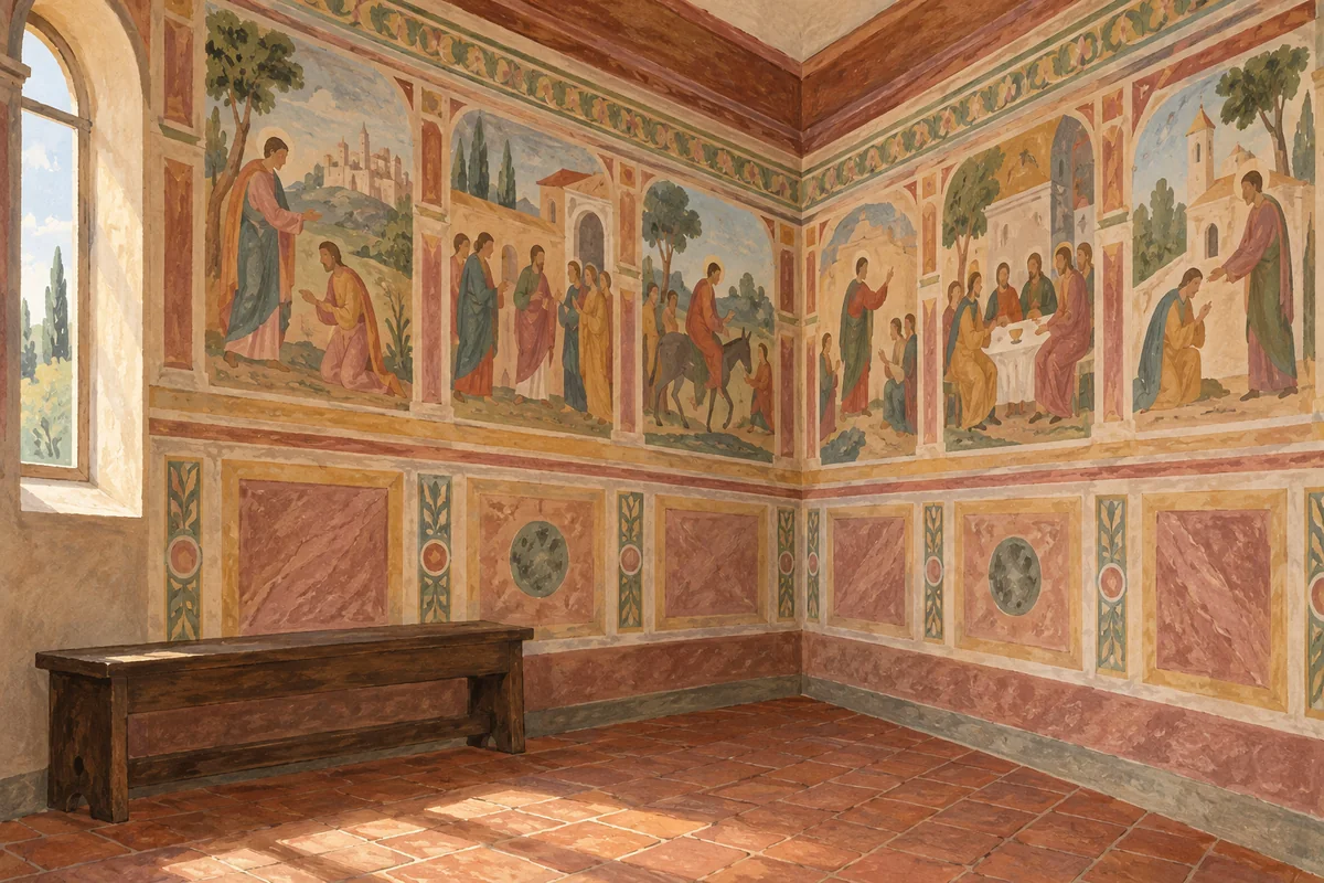 Conceptual gouache of an invented oratory with narrative wall paintings, a simple bench and a terracotta floor; not a reproduction of Santa Cecilia.
