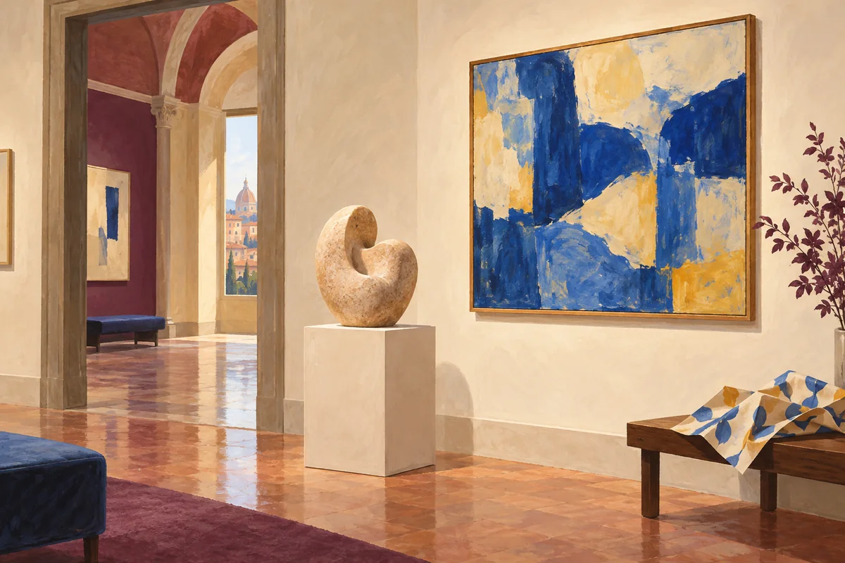 Conceptual gouache of an invented gallery with an abstract stone sculpture, a blue-and-yellow painting and folded patterned paper.