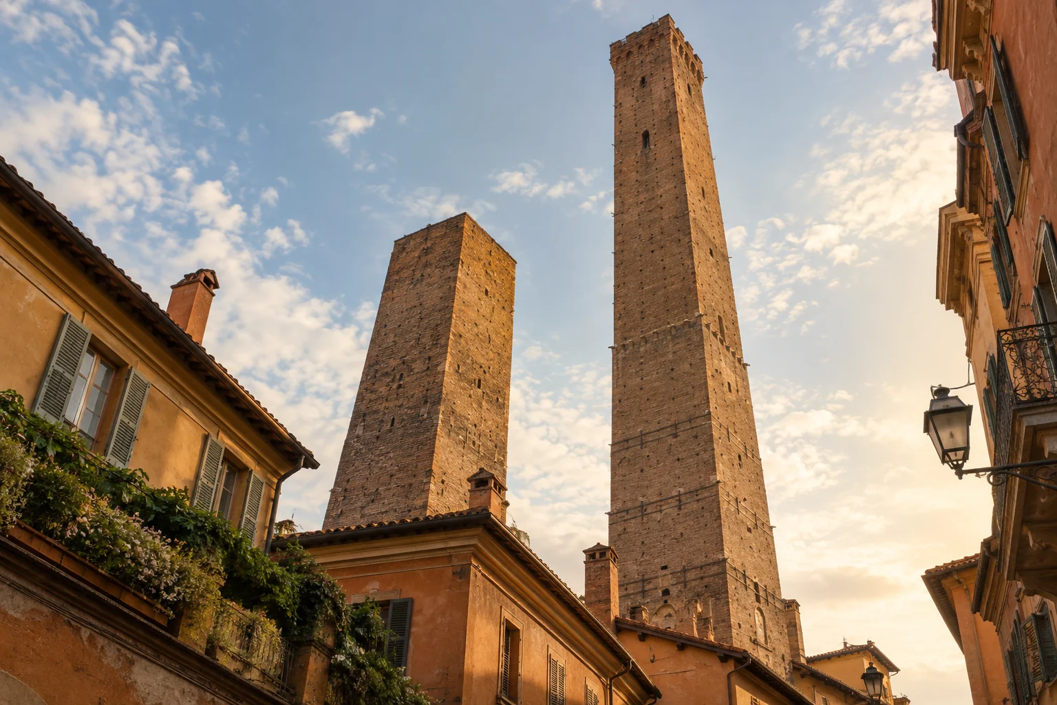 Two brick towers above ochre rooflines and shuttered windows beneath a pale sky; editorial illustration.