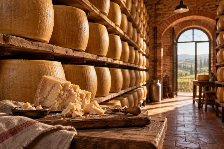 Cheese wheels aging on wooden shelves, with crumbly pieces on a tasting board; editorial illustration.