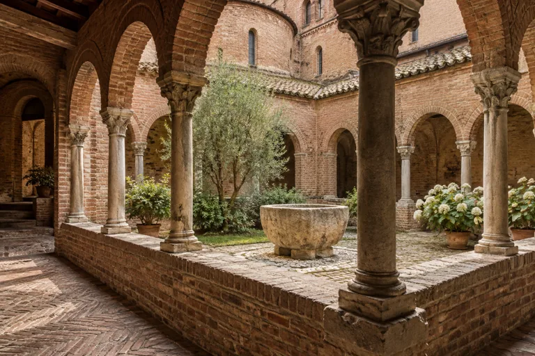 Weathered brick arches, stone columns and a central basin in a quiet cloister; editorial illustration.
