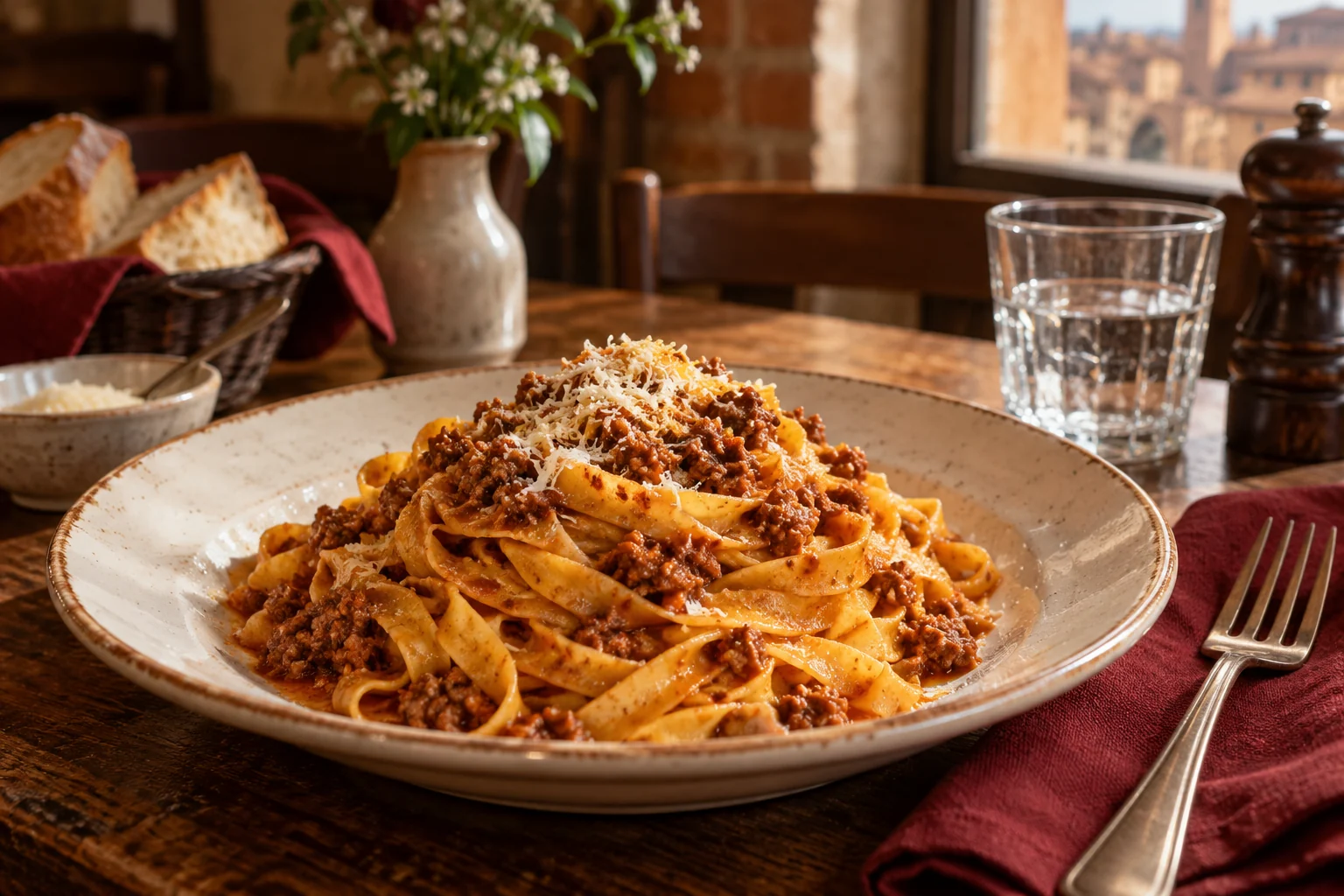 Tagliatelle with ragù on a cream plate beside a red napkin and water glass; editorial illustration.